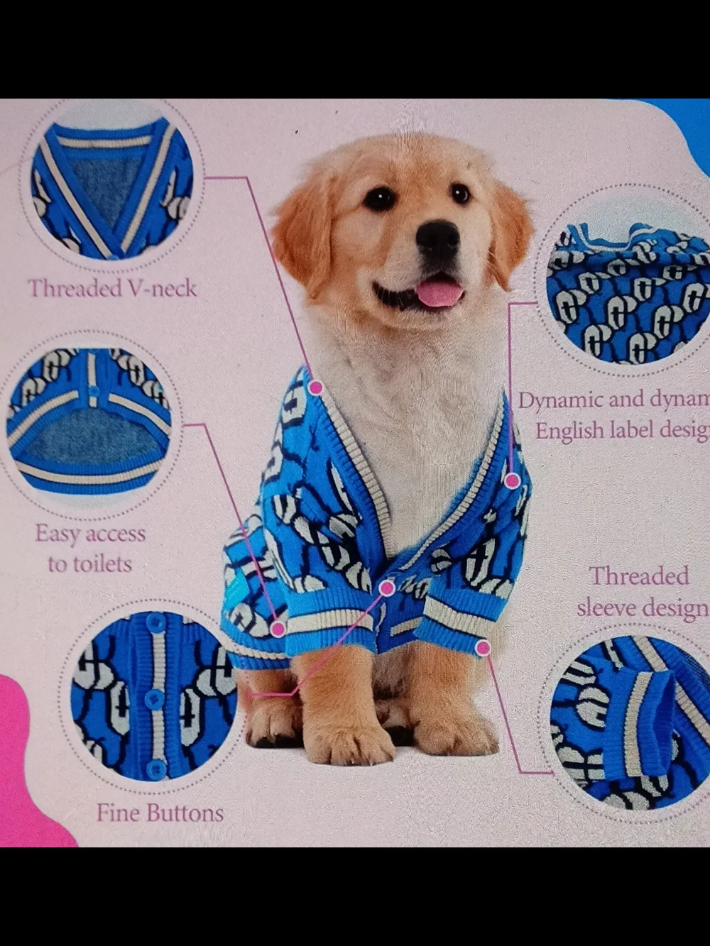 On the roll knit Dog 🐶 sweater pet blue and cream Size L